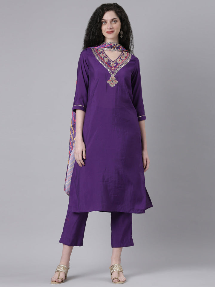 Neerus Purple Solid Straight Kurta and Trousers With Dupatta