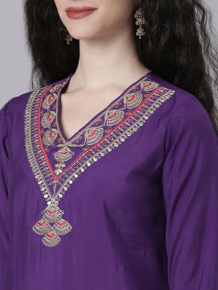 Neerus Purple Solid Straight Kurta and Trousers With Dupatta