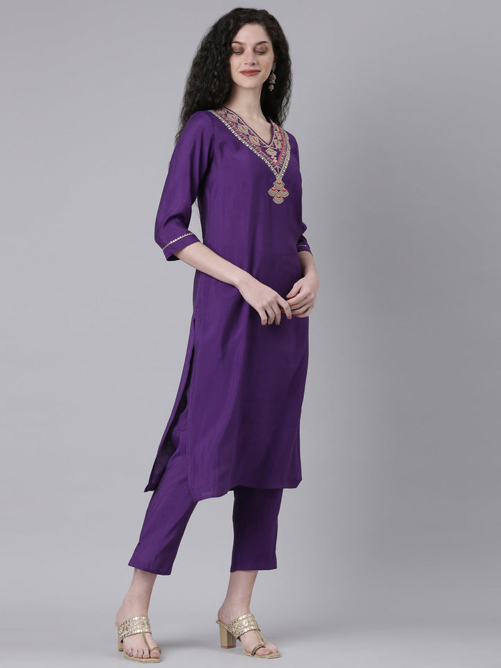 Neerus Purple Solid Straight Kurta and Trousers With Dupatta