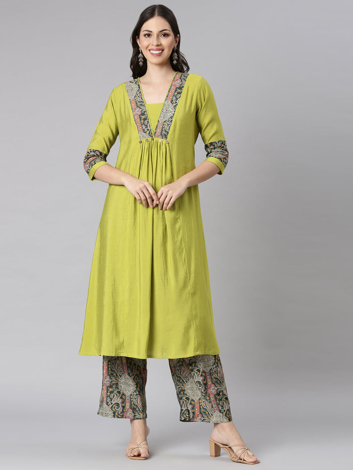 Neerus Yellow cotton solid kurta set with palazzo - front view