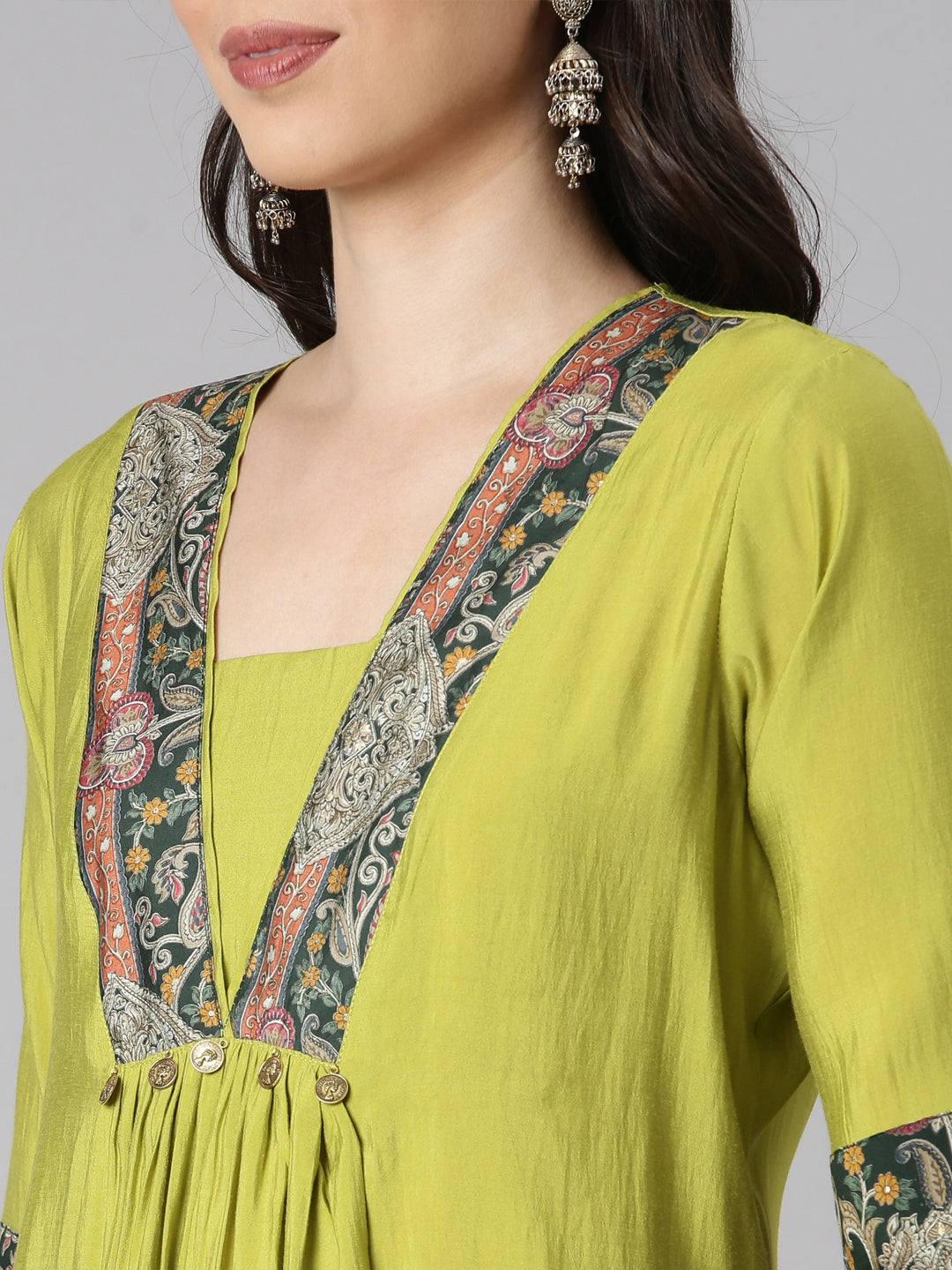 Neerus Yellow cotton solid kurta set with palazzo - detail view 1