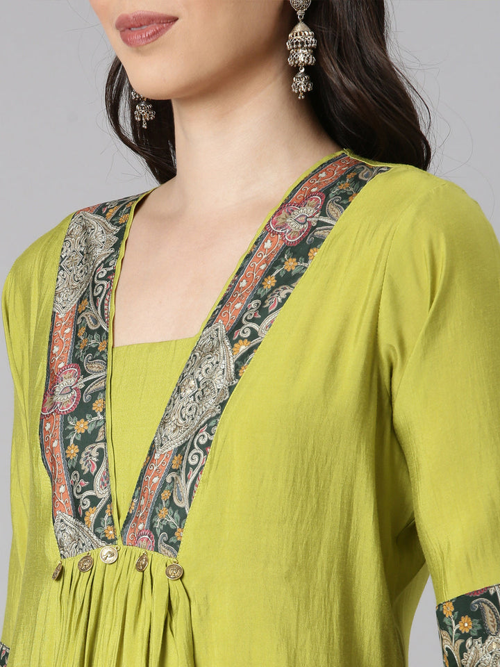 Neerus Yellow cotton solid kurta set with palazzo - detail view 1