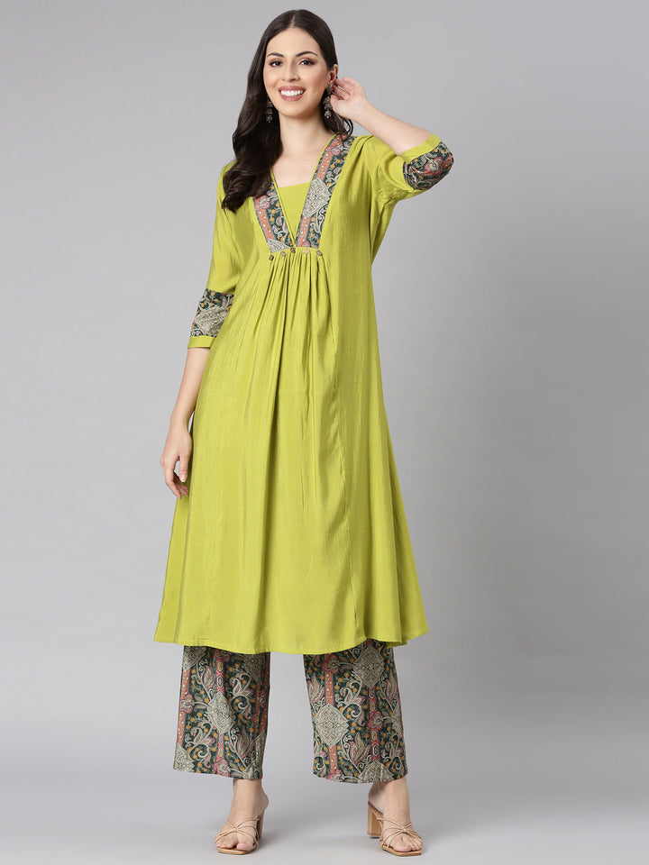 Neerus Yellow cotton solid kurta set with palazzo - detail view 2
