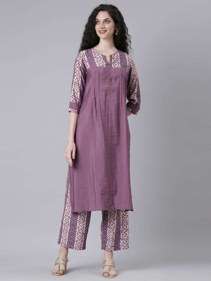 Neerus Purple Shantoon Solid Kurta Set - front view