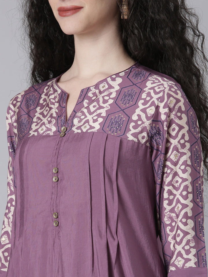 Neerus Purple Shantoon Solid Kurta Set - detail view 1