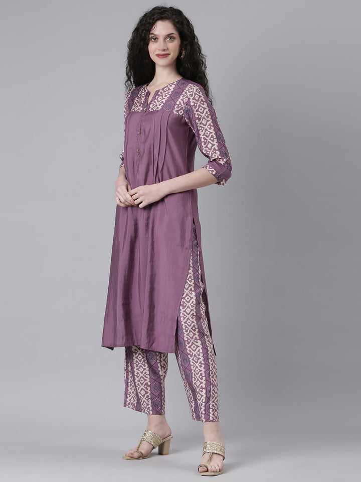 Neerus Purple Shantoon Solid Kurta Set - back view