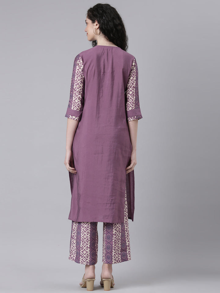 Neerus Purple Shantoon Solid Kurta Set - side view