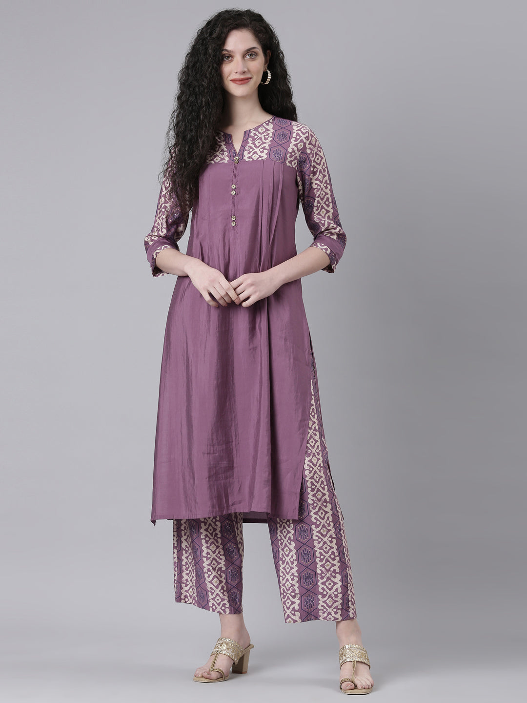 Neerus Purple Shantoon Solid Kurta Set - detail view 2