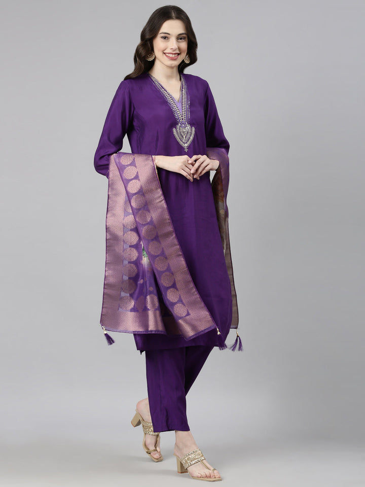 Neerus Purple muslin solid straight suit set - front view