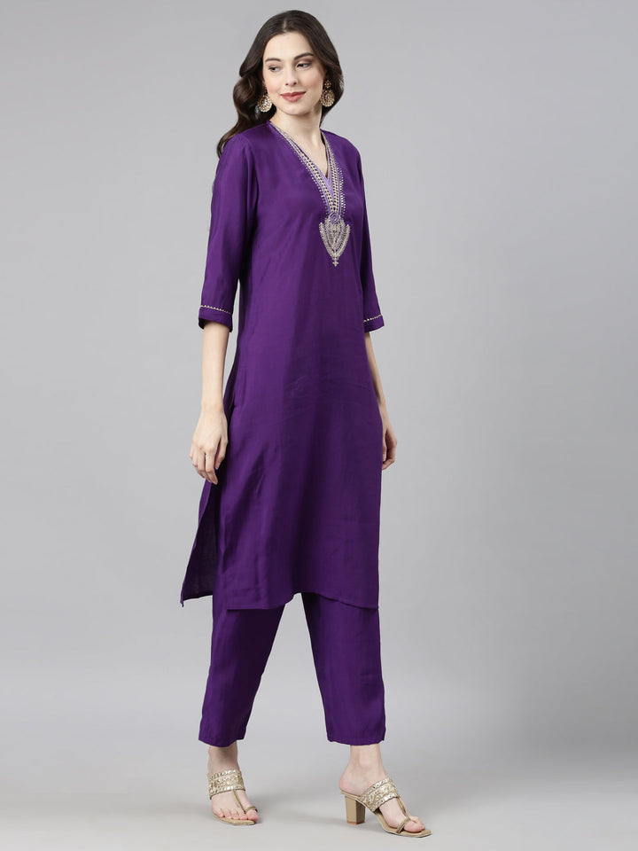 Neerus Purple muslin solid straight suit set - side view