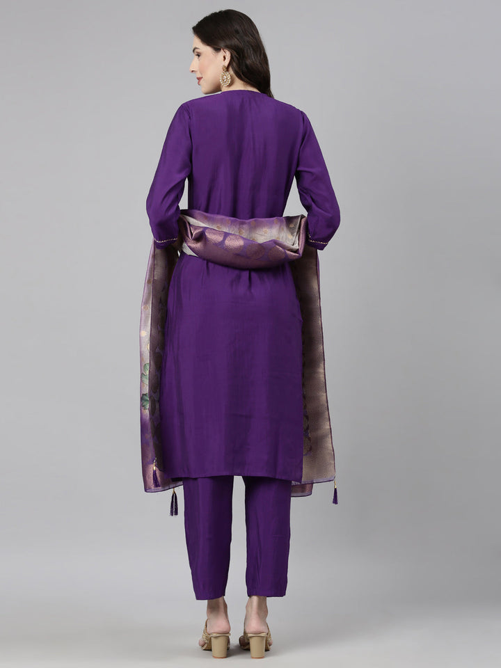 Neerus Purple muslin solid straight suit set - detail view 1