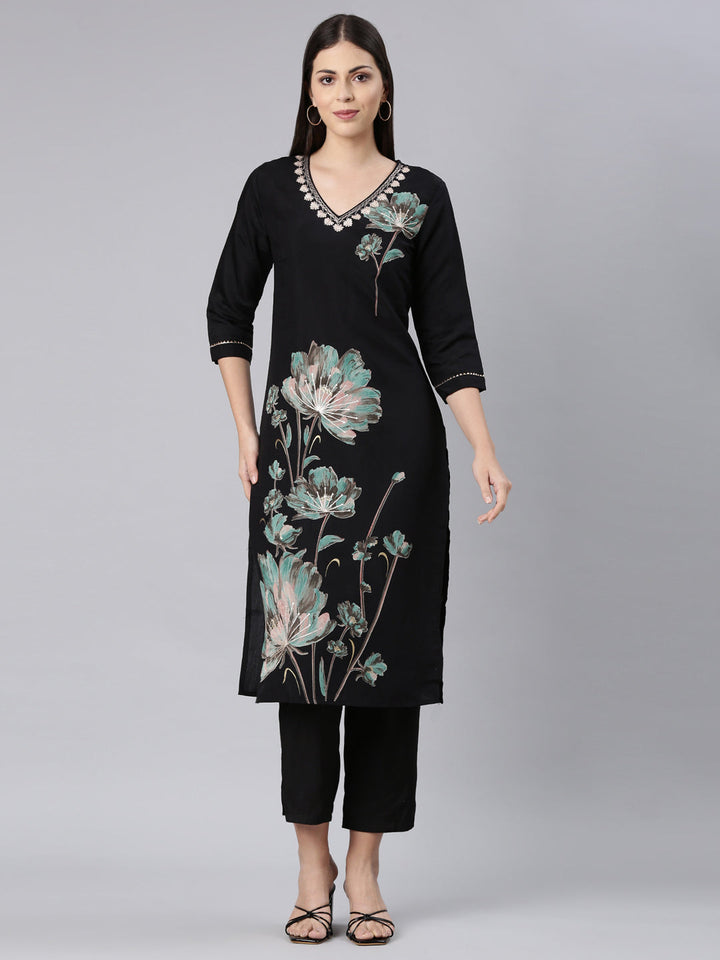 Neerus Black modal printed kurta set - front view