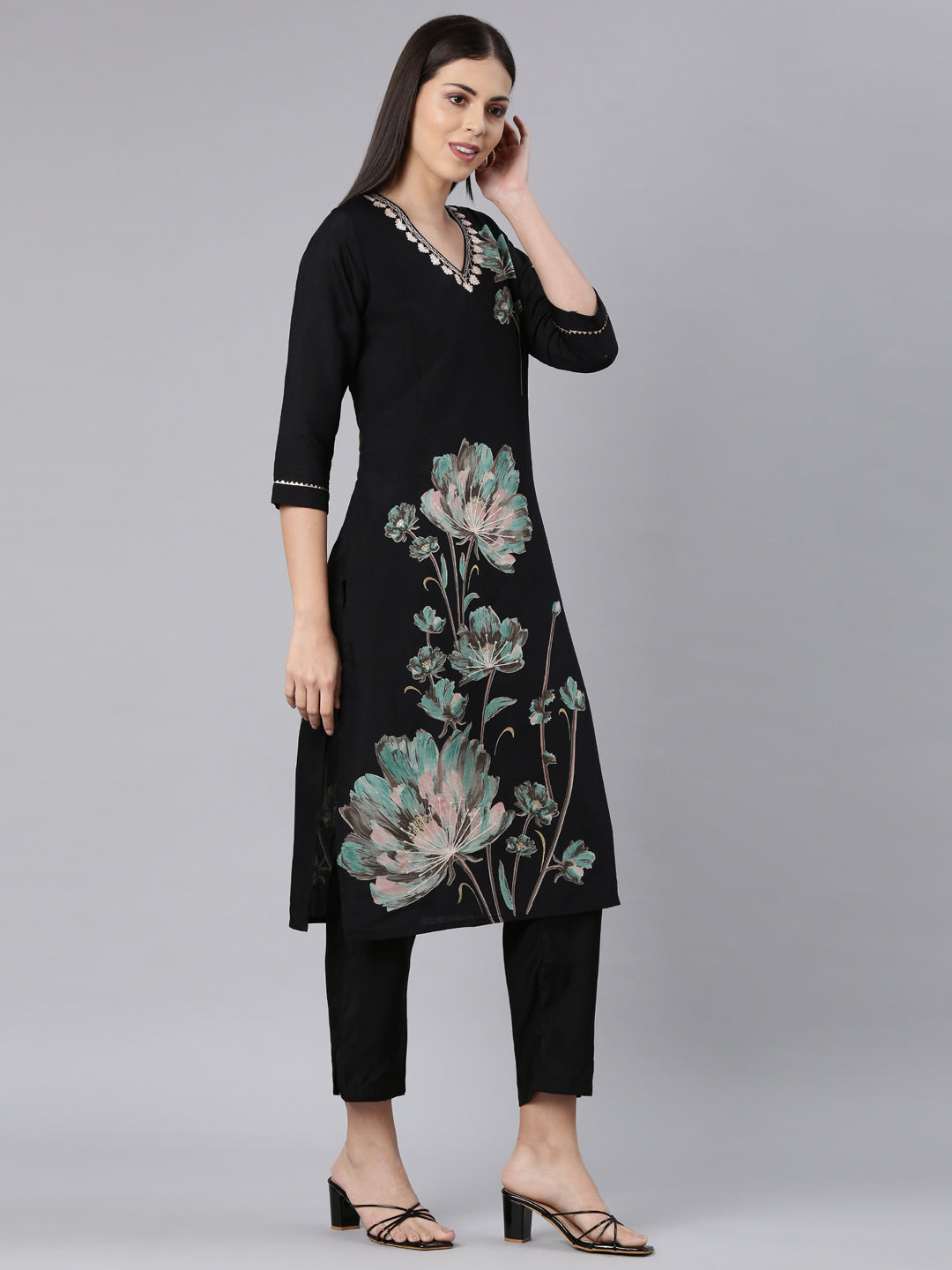 Neerus Black modal printed kurta set - side view