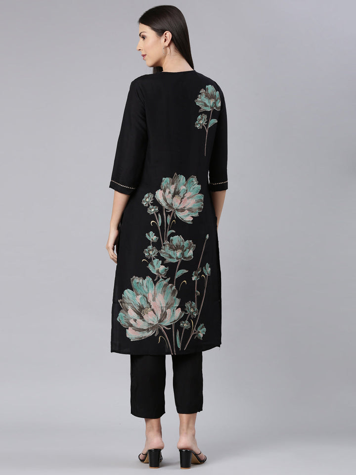 Neerus Black modal printed kurta set - detail view 1