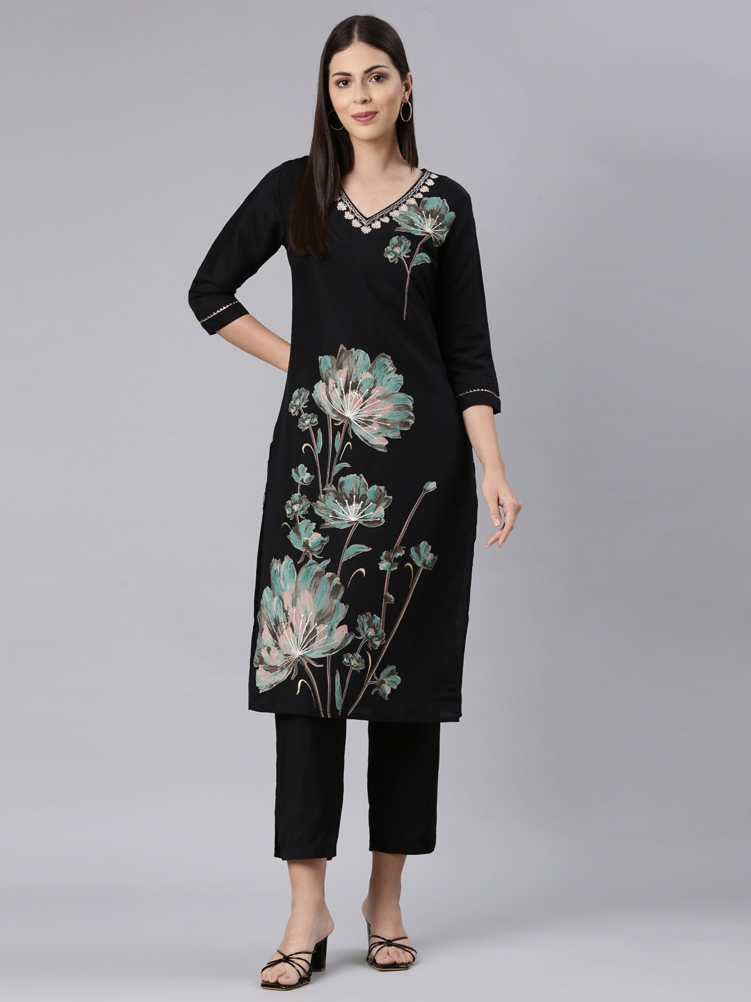 Neerus Black modal printed kurta set - detail view 3