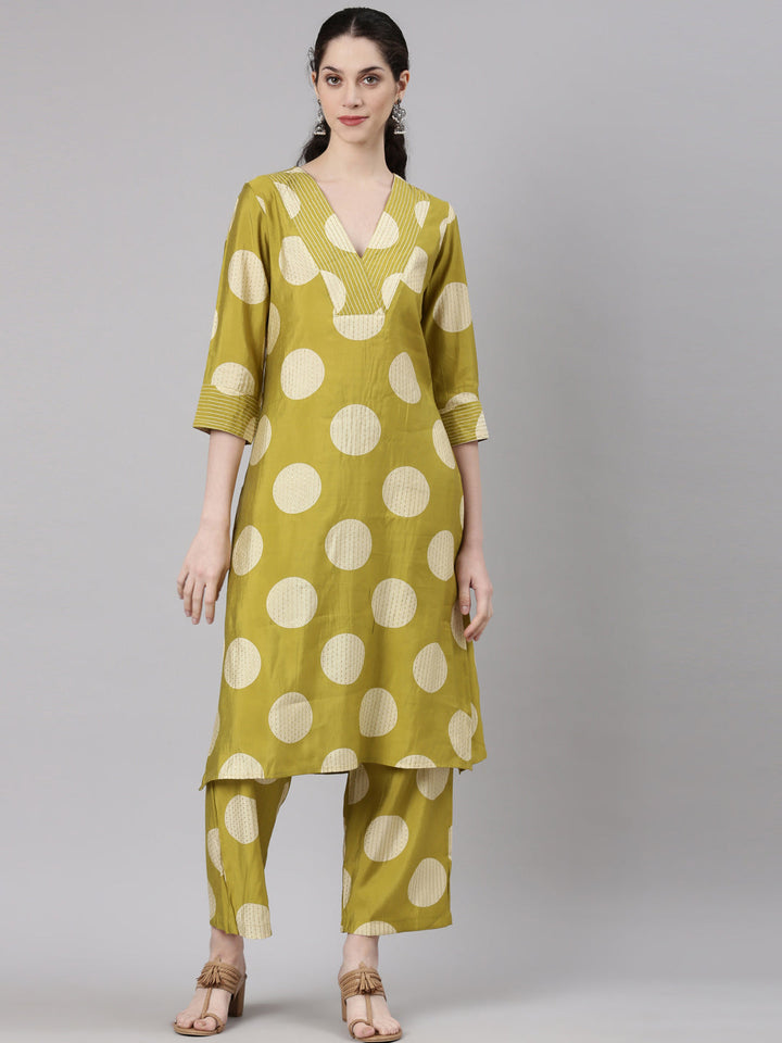 Neerus Yellow cotton straight kurta set - front view