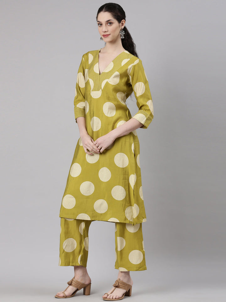 Neerus Yellow cotton straight kurta set - back view