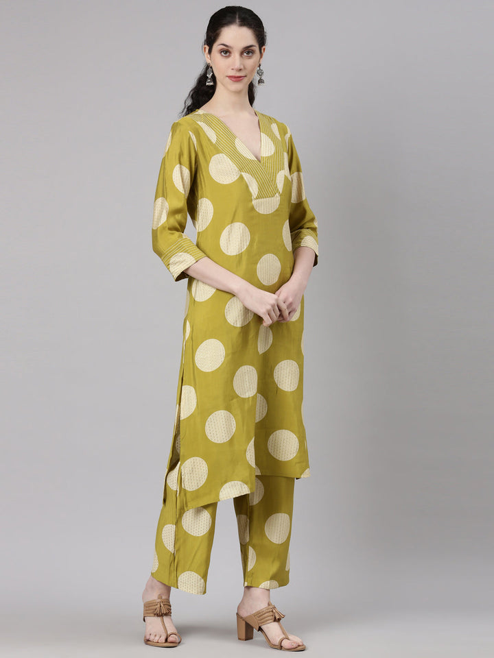 Neerus Yellow cotton straight kurta set - side view