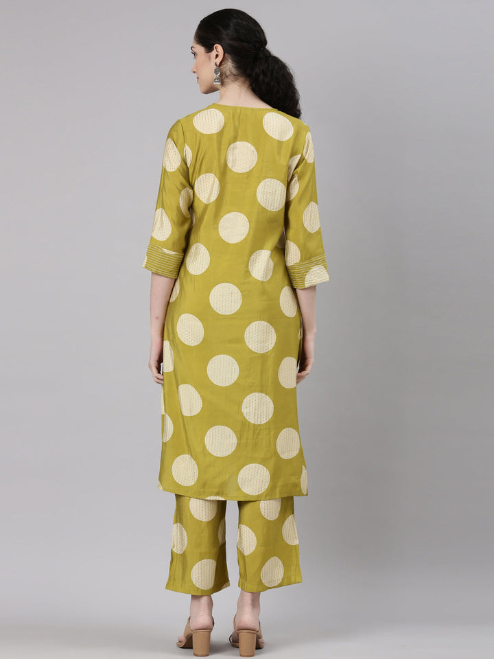 Neerus Yellow cotton straight kurta set - detail view 1