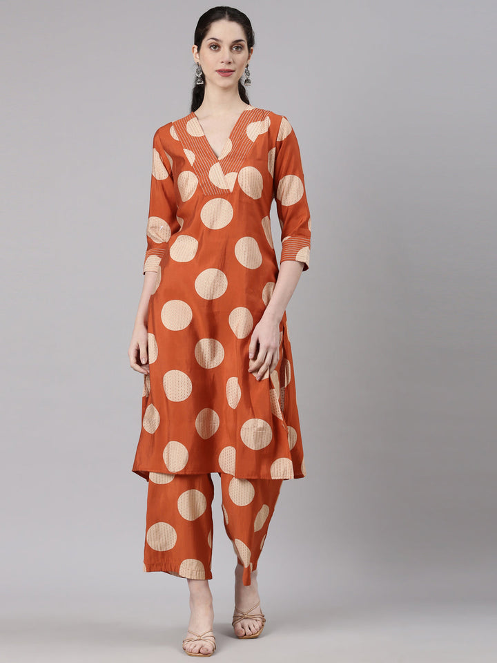 Neerus Orange modal straight kurta set - front view