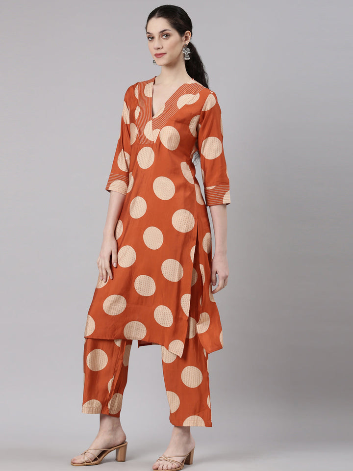 Neerus Orange modal straight kurta set - back view