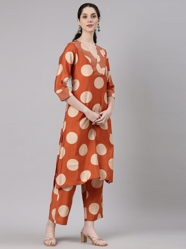 Neerus Orange modal straight kurta set - side view