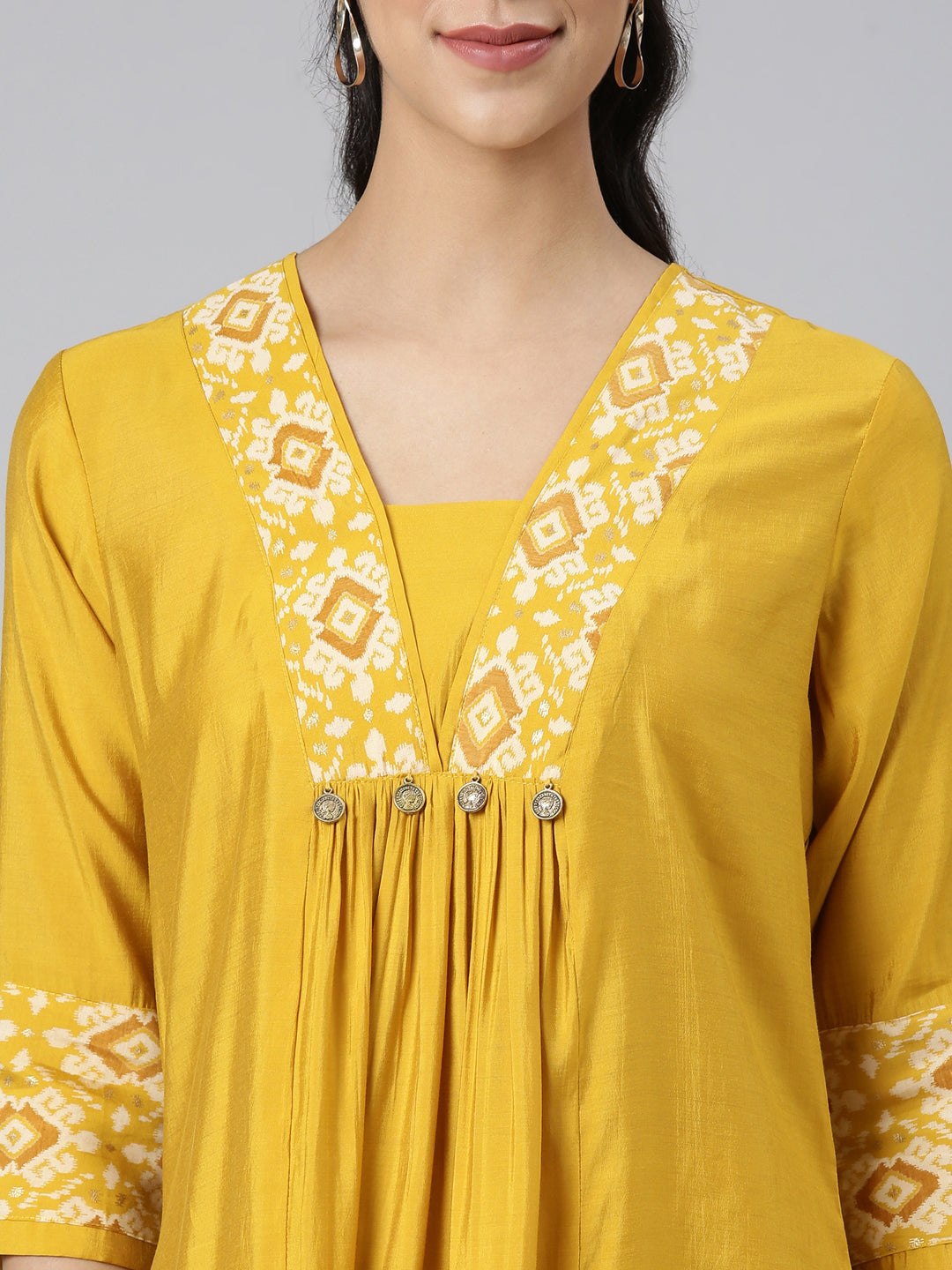 Neerus Yellow cotton solid kurta set - detail view 1