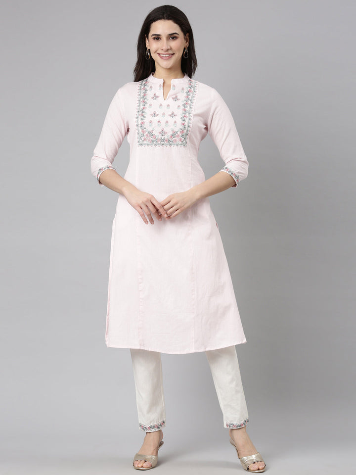 Neerus Pink cotton solid kurta set - front view