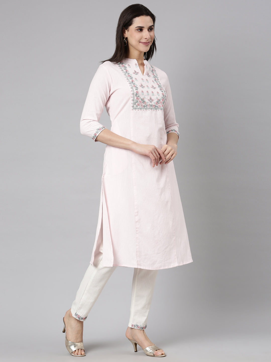 Neerus Pink cotton solid kurta set - back view