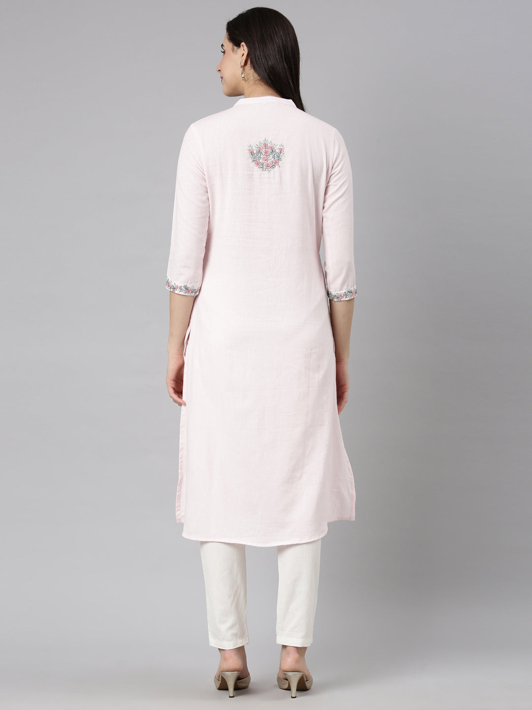 Neerus Pink cotton solid kurta set - side view