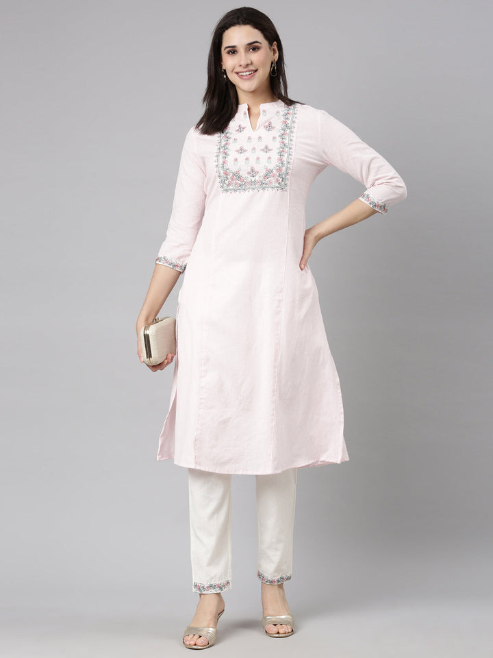 Neerus Pink cotton solid kurta set - detail view 1