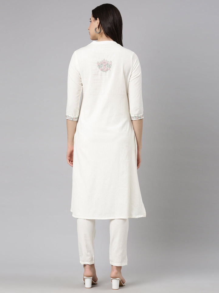 Neerus Beige solid straight kurta set with trousers - side view