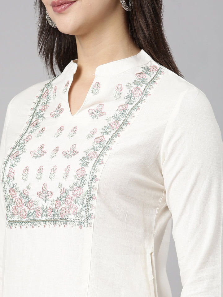 Neerus Beige solid straight kurta set with trousers - detail view 3