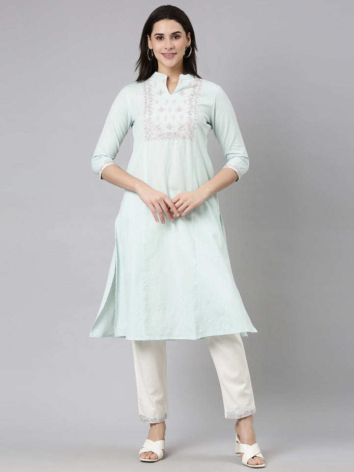 Neerus Green solid straight kurta set with trouser - front view