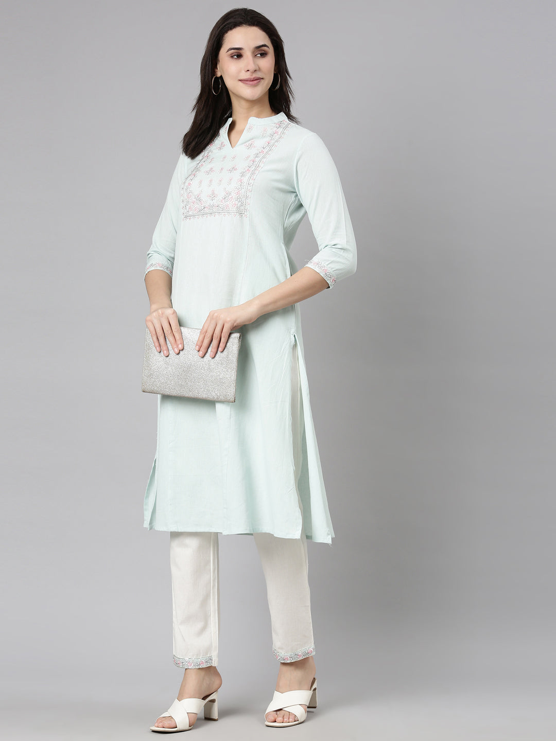 Neerus Green solid straight kurta set with trouser - detail view 1