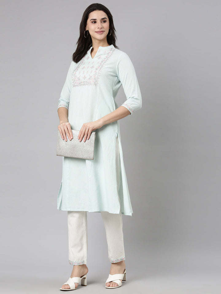 Neerus Green solid straight kurta set with trouser - detail view 1