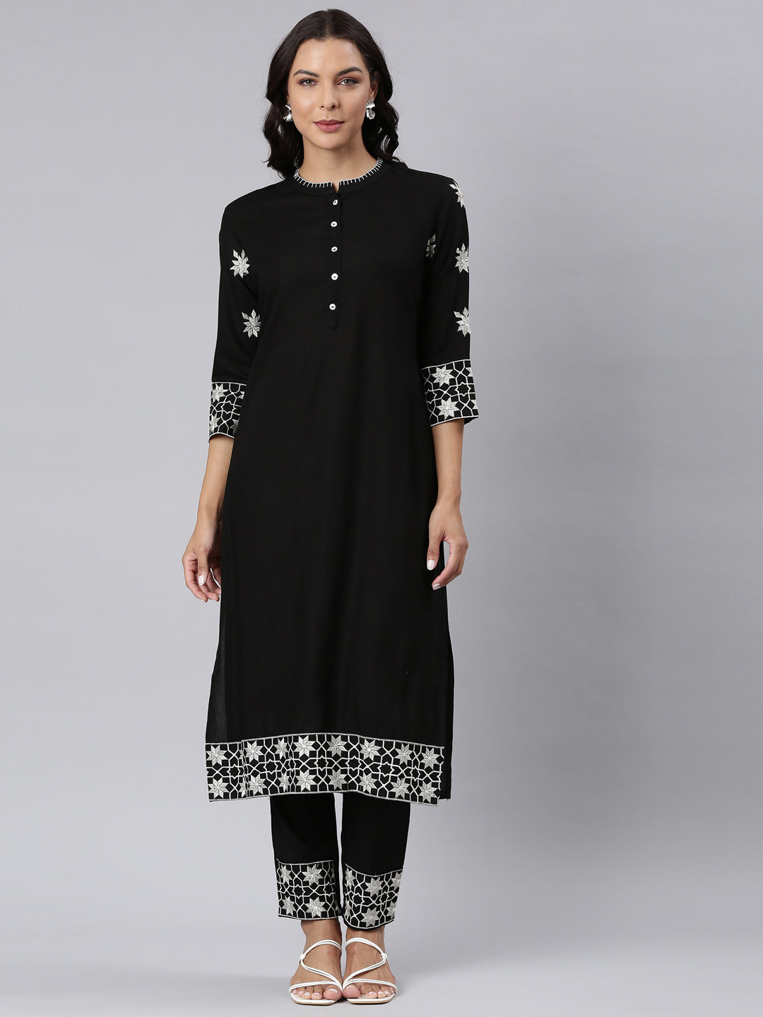 Neerus Black cotton panelled straight kurta set - front view