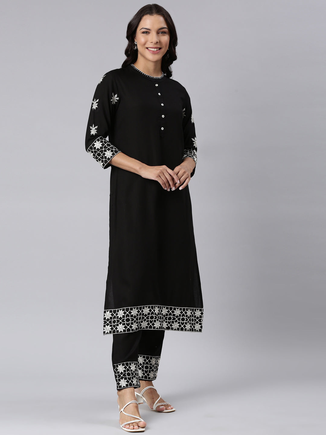 Neerus Black cotton panelled straight kurta set - side view