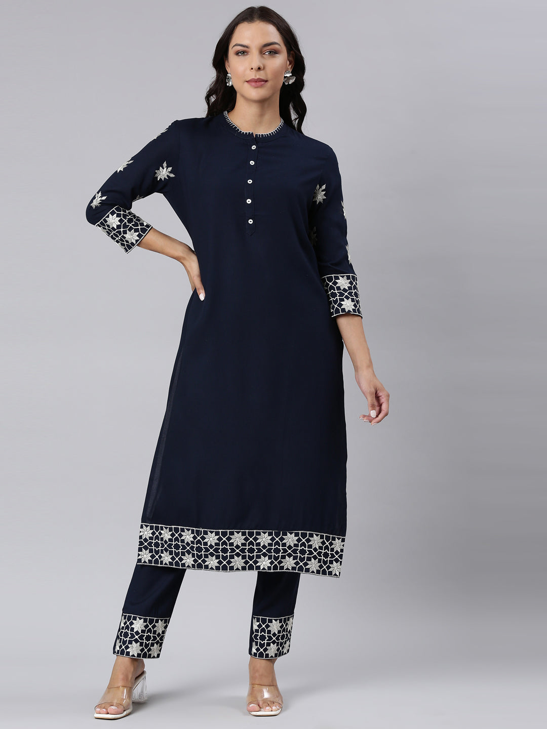 Neerus Blue cotton panelled straight kurta set - front view