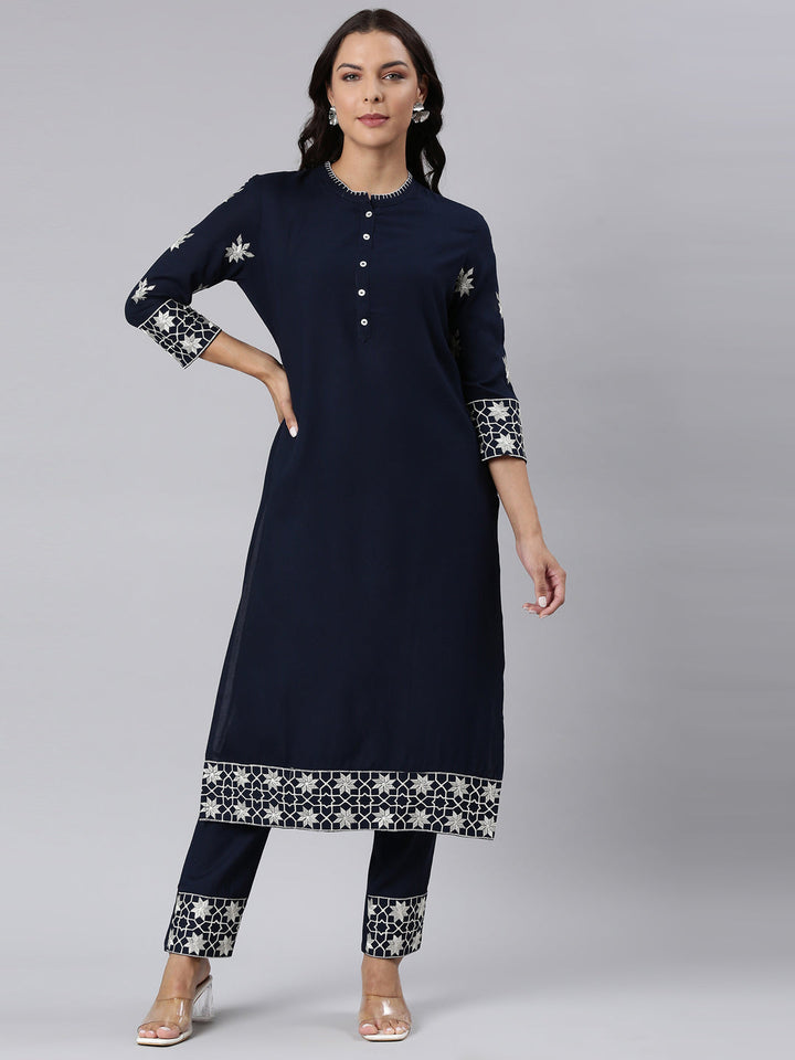 Neerus Blue cotton panelled straight kurta set - front view