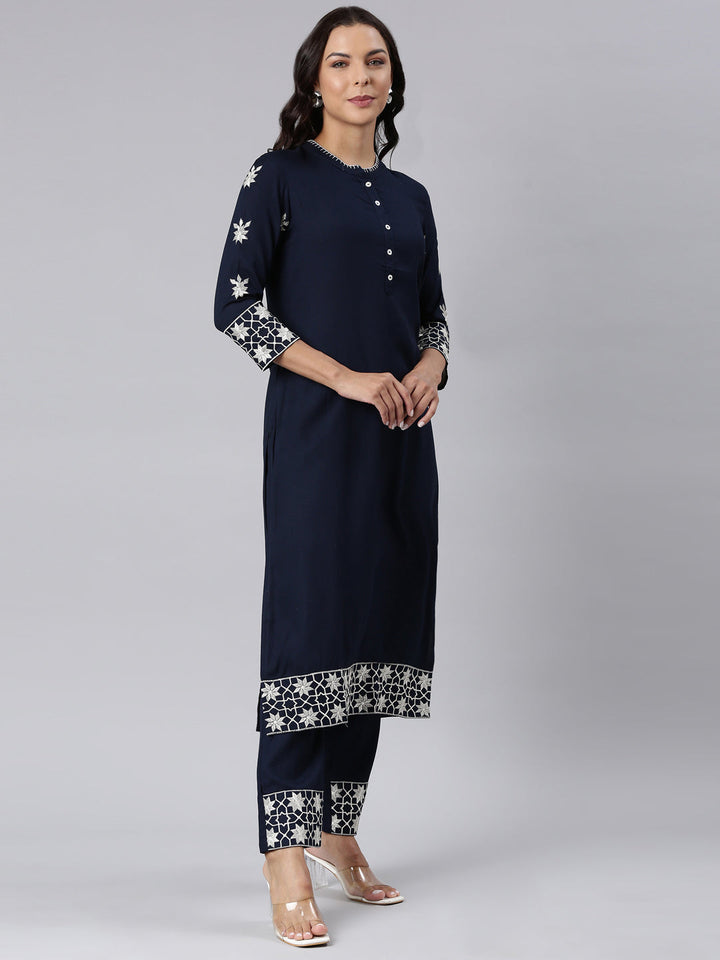 Neerus Blue cotton panelled straight kurta set - side view