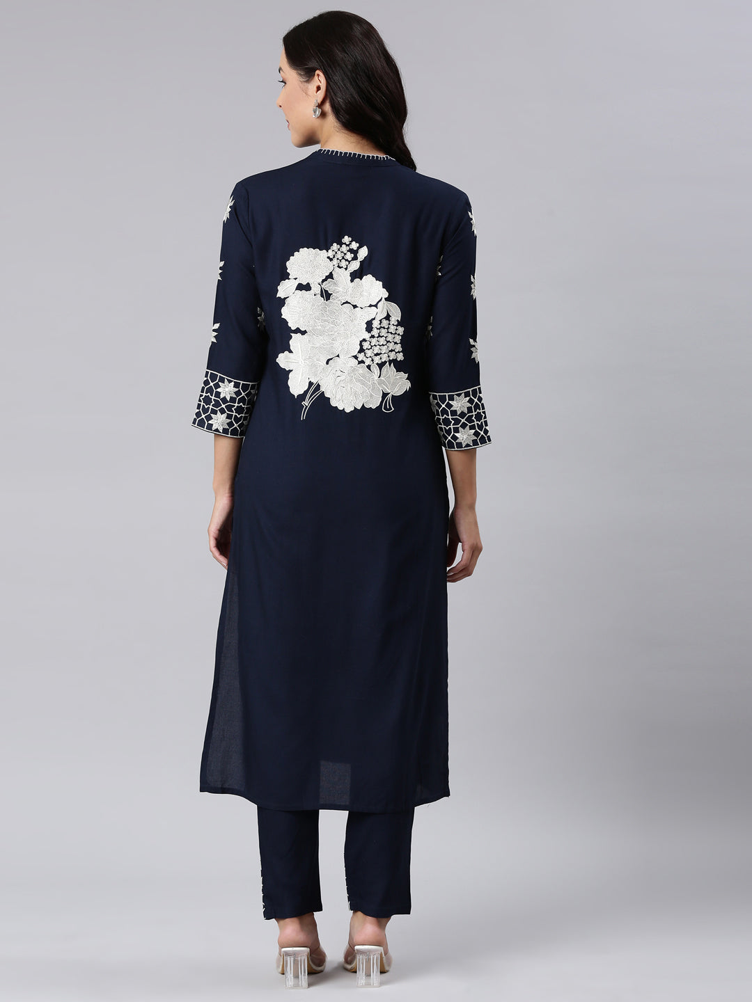 Neerus Blue cotton panelled straight kurta set - detail view 1