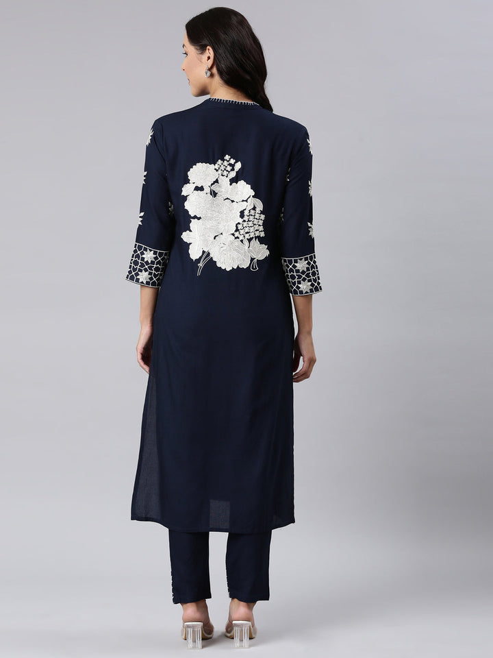 Neerus Blue cotton panelled straight kurta set - detail view 1
