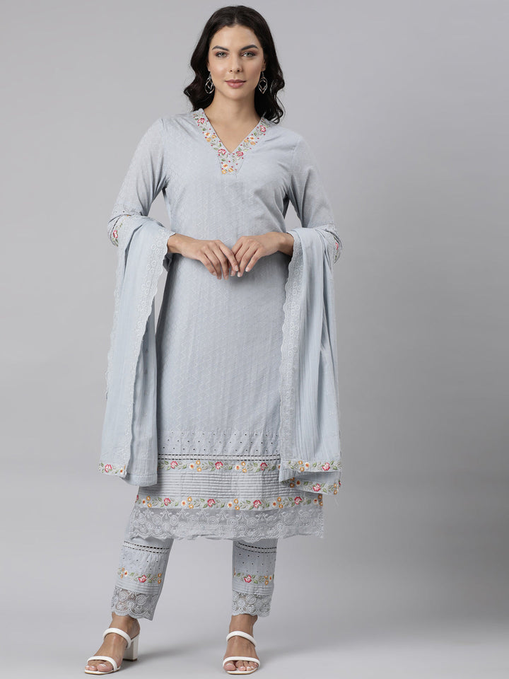 Neerus Grey cotton panelled suit set with dupatta - front view