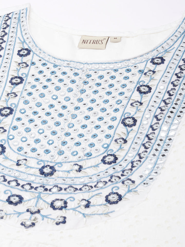 Neerus White cotton solid pleated suit set - detail view 1