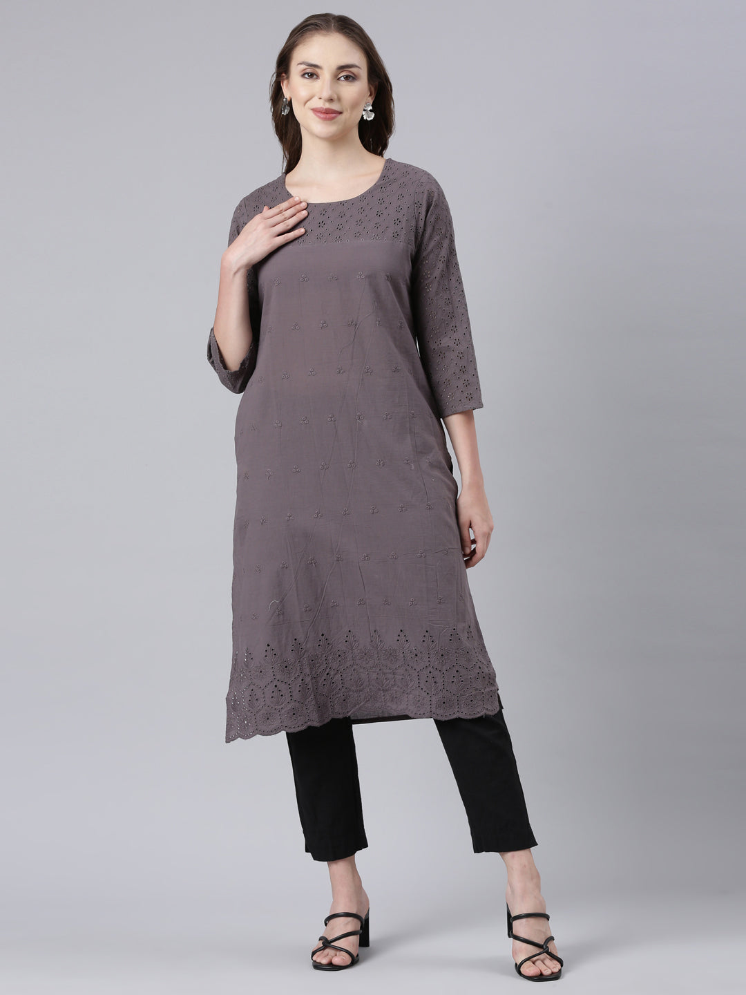 Neerus Black cotton printed floral straight kurta - front view