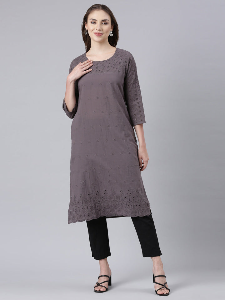 Neerus Black cotton printed floral straight kurta - front view