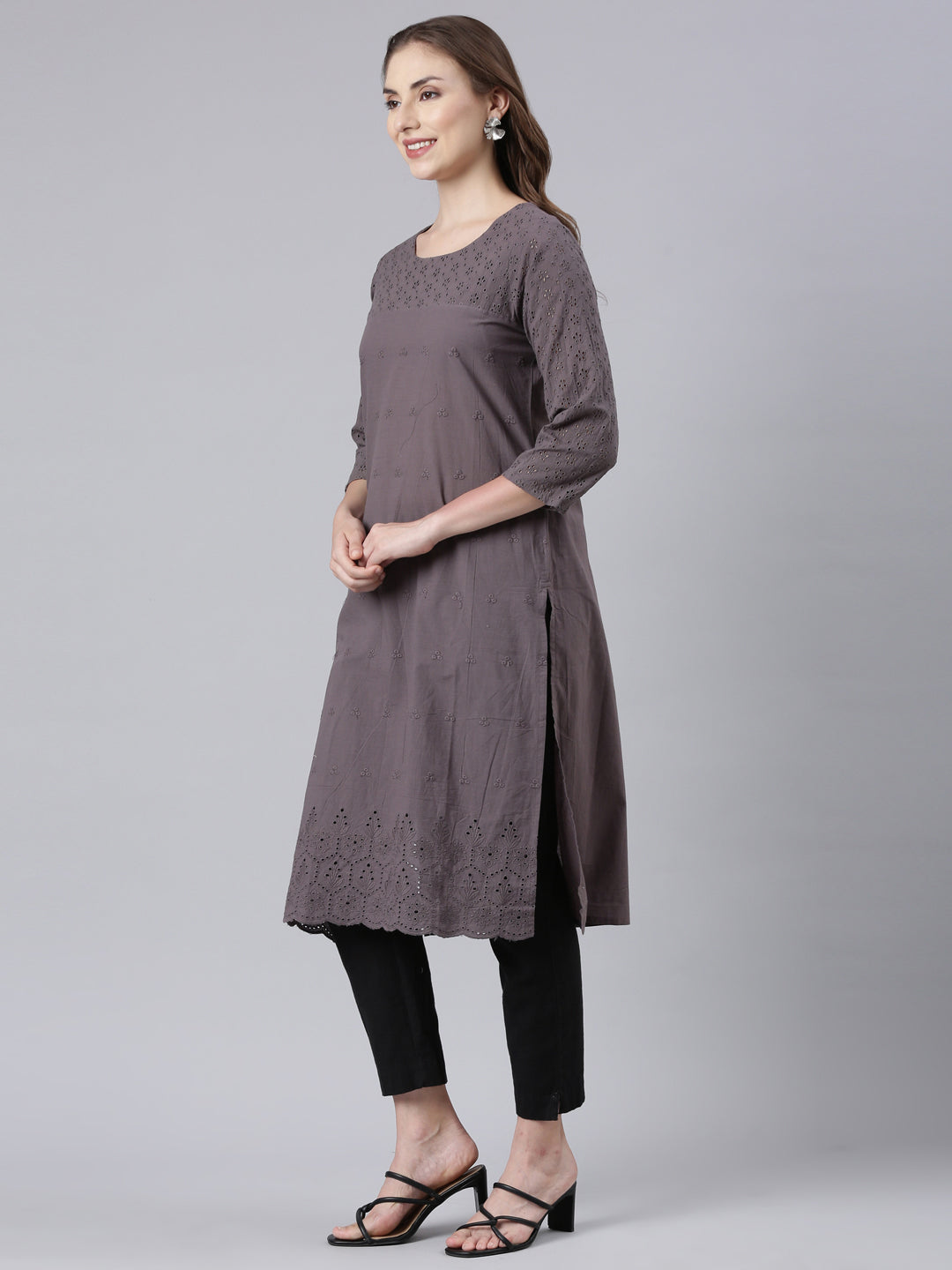 Neerus Black cotton printed floral straight kurta - back view