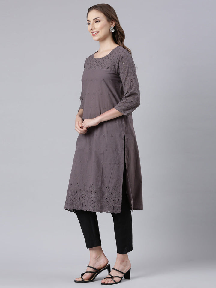 Neerus Black cotton printed floral straight kurta - back view