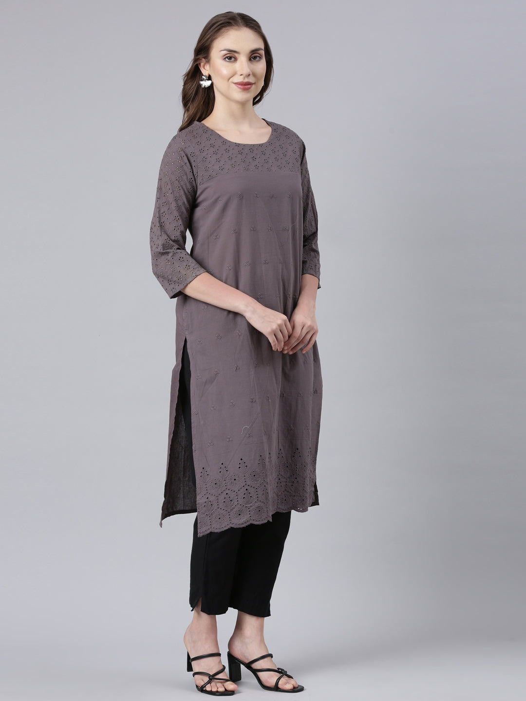 Neerus Black cotton printed floral straight kurta - side view
